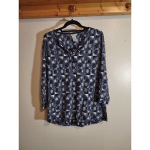 Multiples Women's L Navy Blue Art To Wear Patchwork Shirt 3/4 sleeve Designer